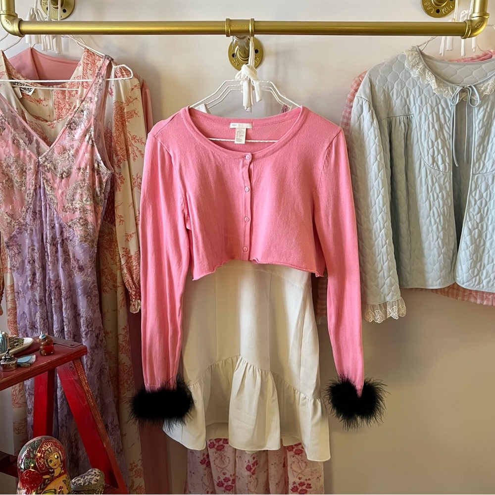 PINK/BLACK UPCYCLED CARDIGAN WITH FUR TRIM by Femina Co. 🍸